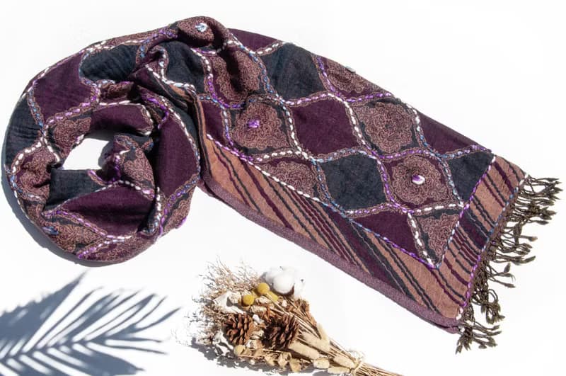 喀什米爾Cashmere/水煮羊毛披肩/針織圍巾/刺繡圍巾/羊絨披巾-花