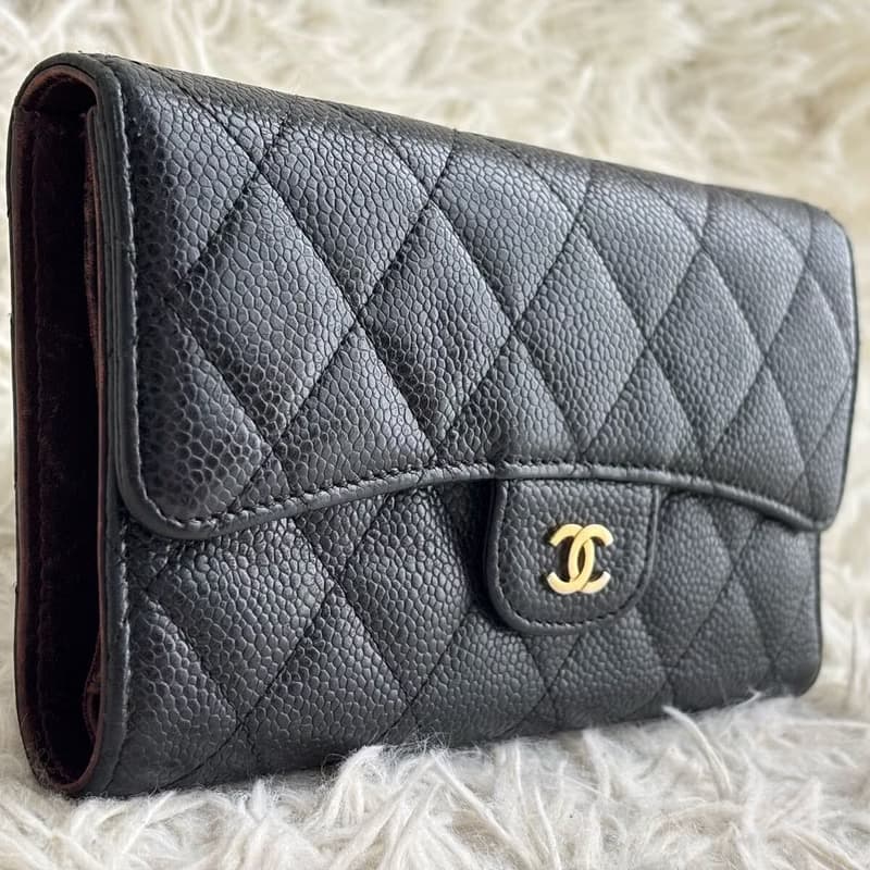 Chanel黑色魚子醬金標皮革長夾 長錢包 皮夾 中古包 二手包 古董