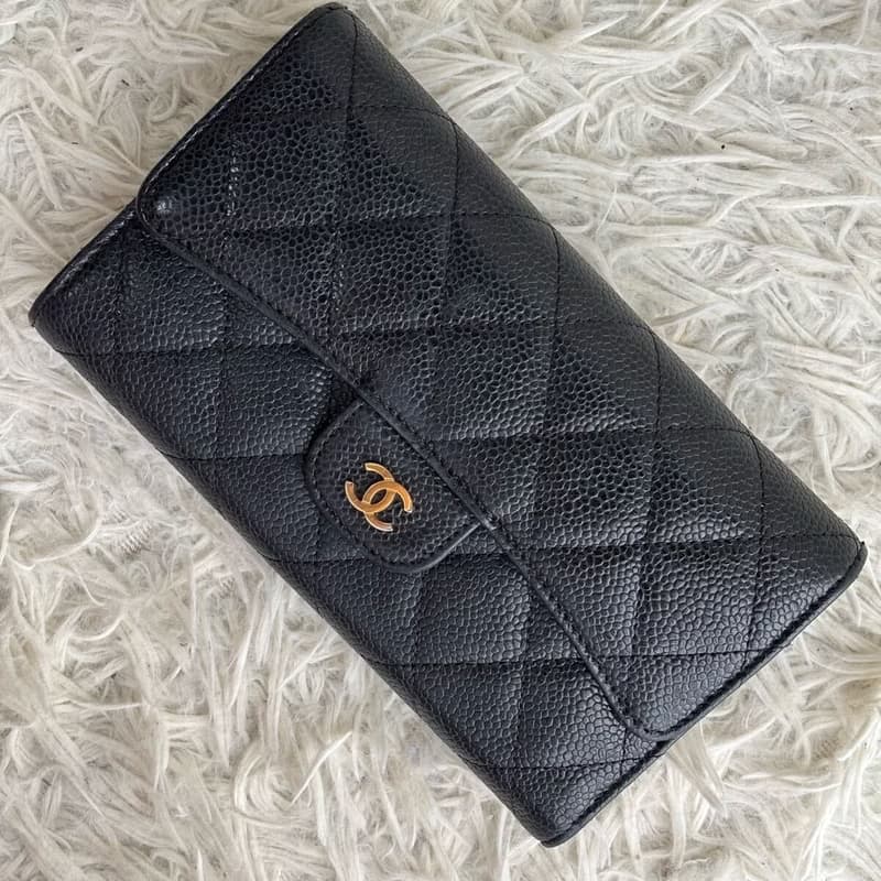 Chanel黑色魚子醬金標皮革長夾 長錢包 皮夾 中古包 二手包 古董