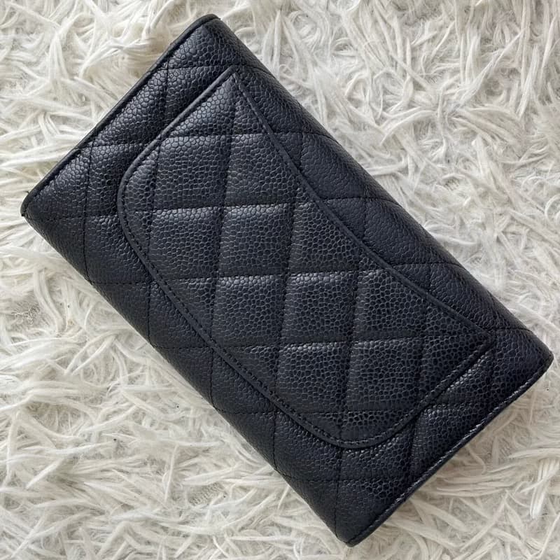 Chanel黑色魚子醬金標皮革長夾 長錢包 皮夾 中古包 二手包 古董