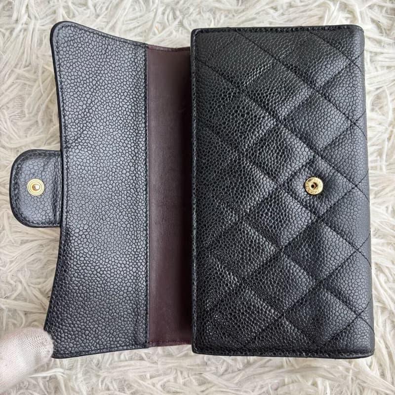 Chanel黑色魚子醬金標皮革長夾 長錢包 皮夾 中古包 二手包 古董