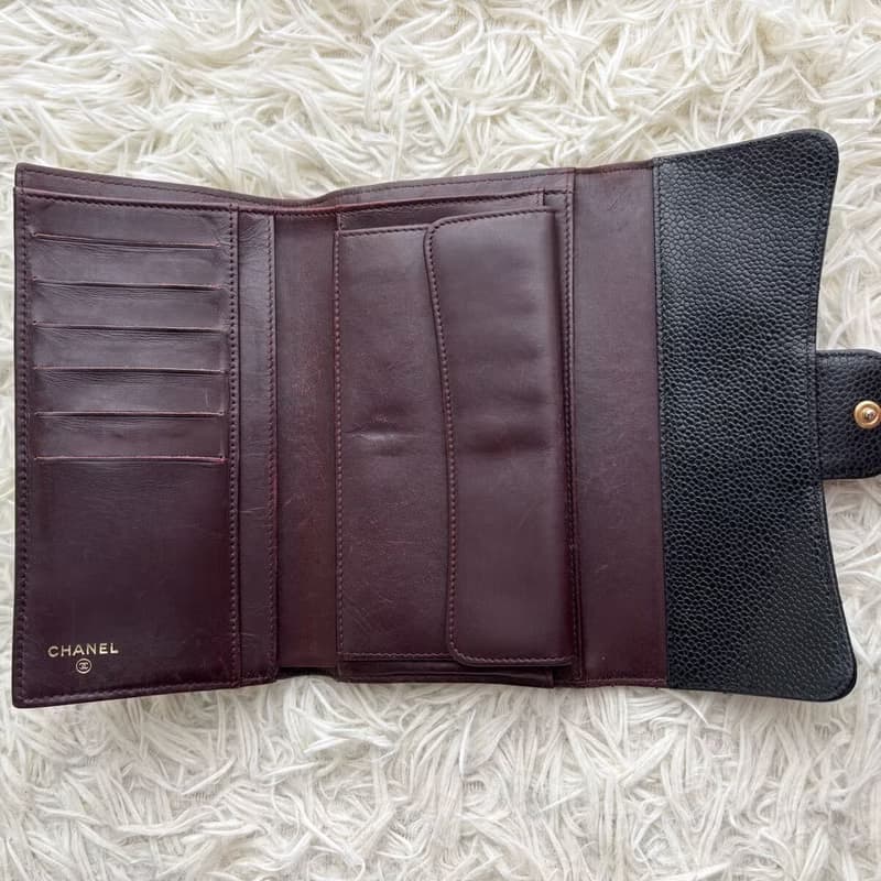 Chanel黑色魚子醬金標皮革長夾 長錢包 皮夾 中古包 二手包 古董
