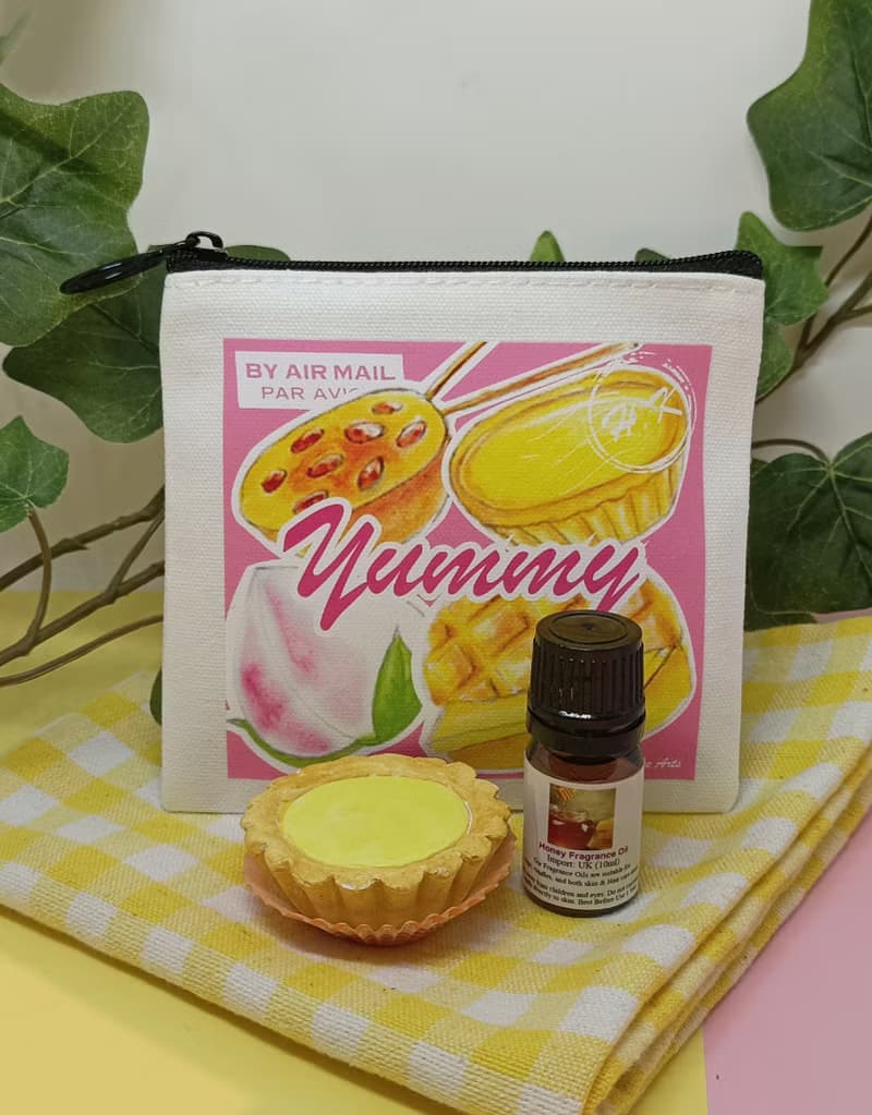 港式食物文創帆布小錢包(港式食物圖案)配蛋撻造型擴香石送香油