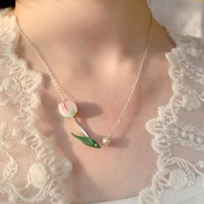 項鍊 鬱金香 銀飾 花 禮物 禮盒 生日 手工 珍珠 聖誕節 情人節