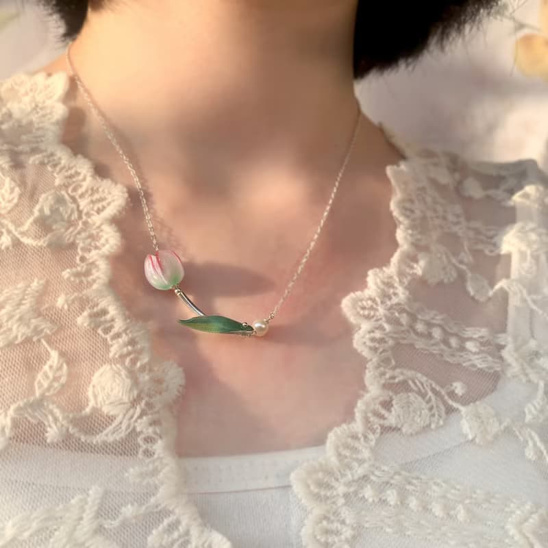 項鍊 鬱金香 銀飾 花 禮物 禮盒 生日 手工 珍珠 聖誕節 情人節