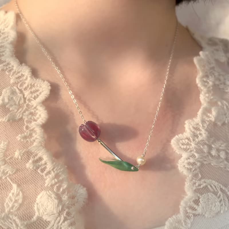 項鍊 鬱金香 銀飾 花 禮物 禮盒 生日 手工 珍珠 聖誕節 情人節