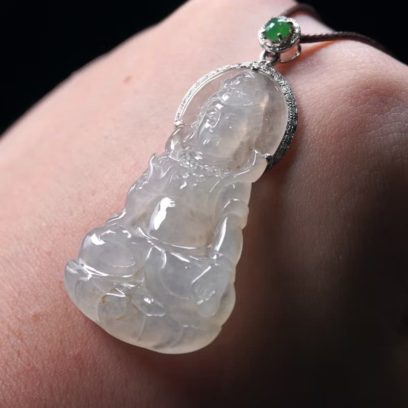 冰種翡翠觀音菩薩項鍊 18K金鑽石 | 天然緬甸玉翡翠A貨 | 送禮