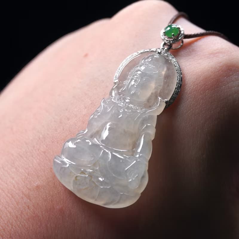 冰種翡翠觀音菩薩項鍊 18K金鑽石 | 天然緬甸玉翡翠A貨 | 送禮
