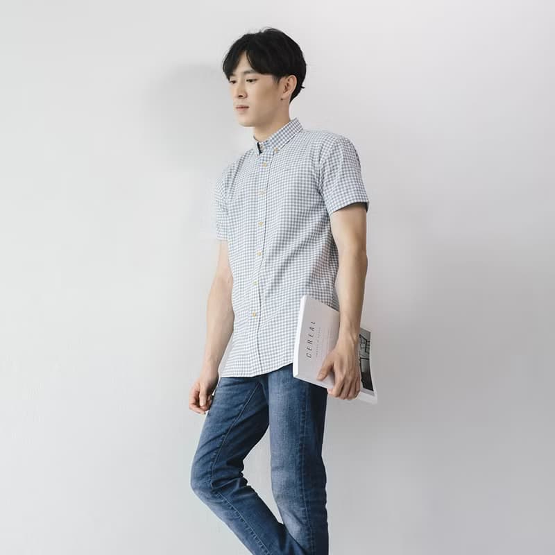 (SIZE S) SHIP // blue grey check // men short sleeves