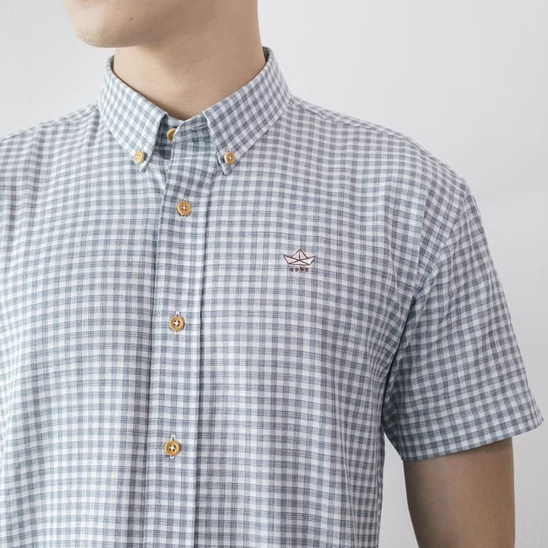 (SIZE S) SHIP // blue grey check // men short sleeves