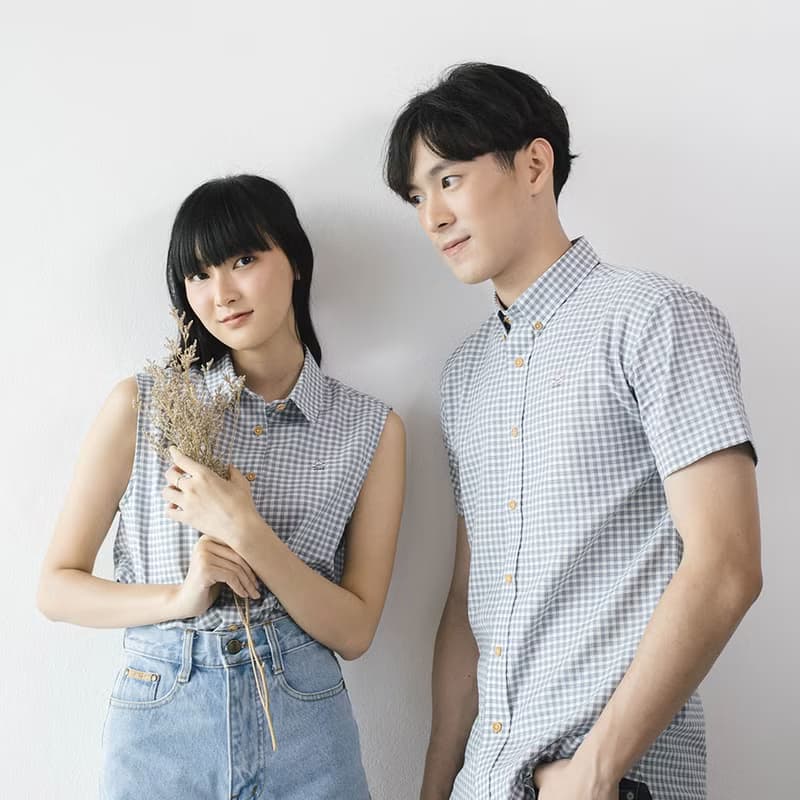 (SIZE S) SHIP // blue grey check // men short sleeves
