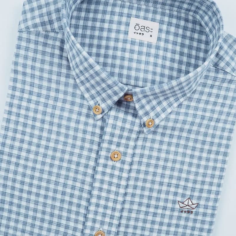 (SIZE S) SHIP // blue grey check // men short sleeves