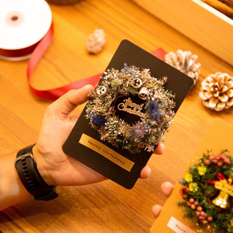 【迷你】永生花 乾燥花 星光LED 聖誕花圈卡片 / 聖誕卡片
