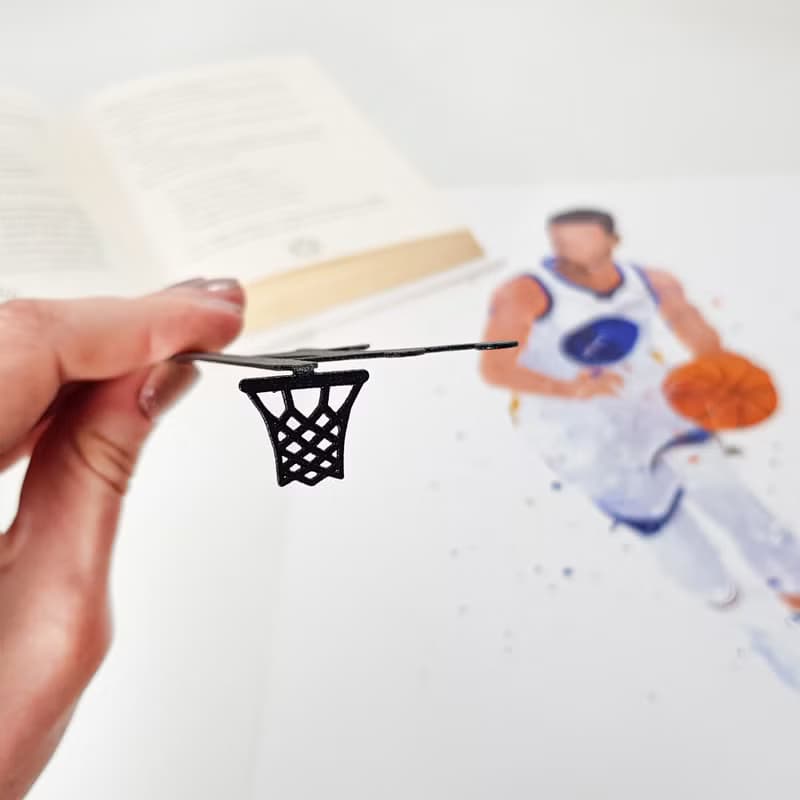 Basketball metal bookmark with hoop detail and eco wooden packaging block