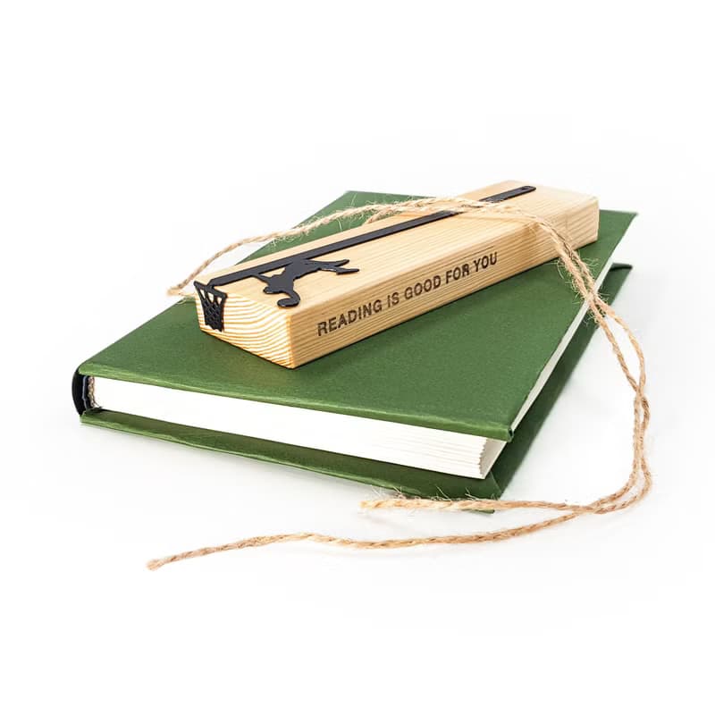 Basketball metal bookmark with hoop detail and eco wooden packaging block