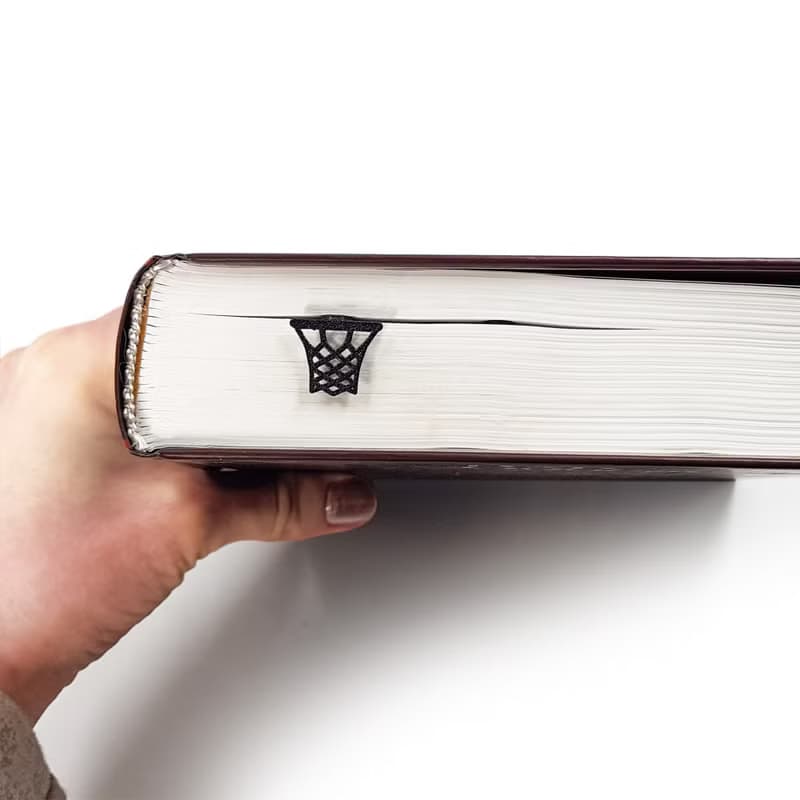 Basketball metal bookmark with hoop detail and eco wooden packaging block