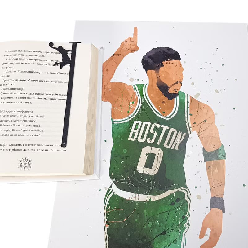 Basketball metal bookmark with hoop detail and eco wooden packaging block