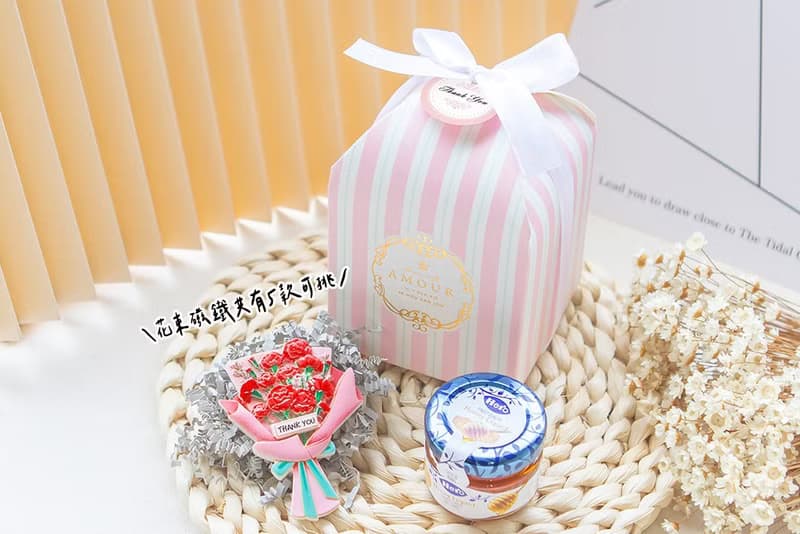 AMOUR 粉色條紋盒裝 花束磁鐵+hero蜂蜜 小禮盒 公司 尾牙 學校