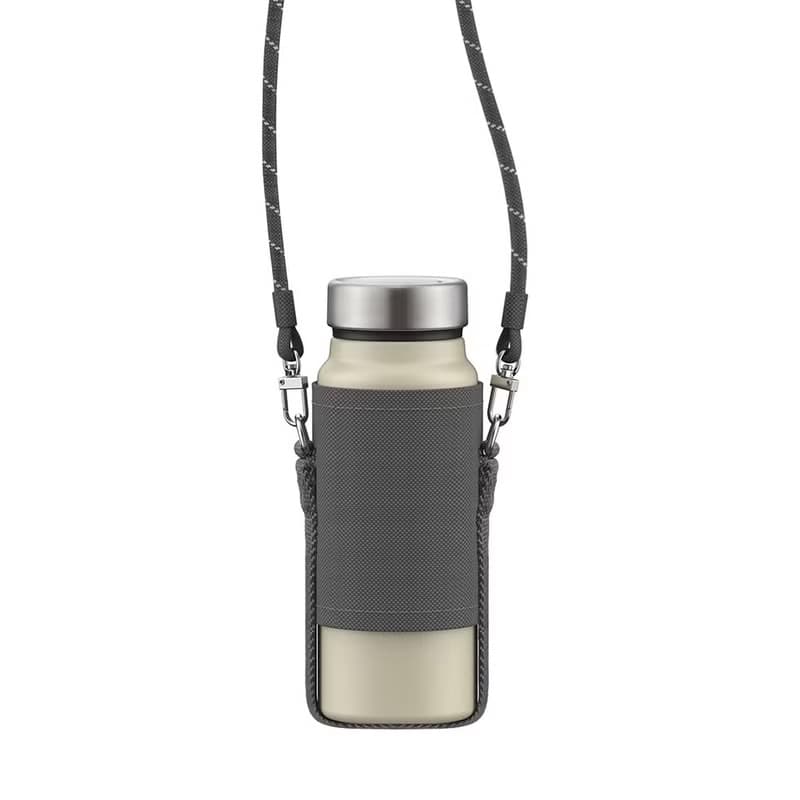 【孔雀Peacock】400ML 不鏽鋼保溫杯 可調杯袋登山扣環-米+黑杯袋