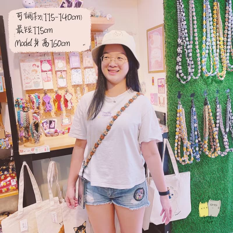 可調/全花固定長度雙色花花手機掛繩背帶-莫蘭迪藍+淺灰+天然白