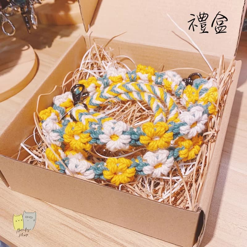 可調/全花固定長度雙色花花手機掛繩背帶-莫蘭迪藍+淺灰+天然白