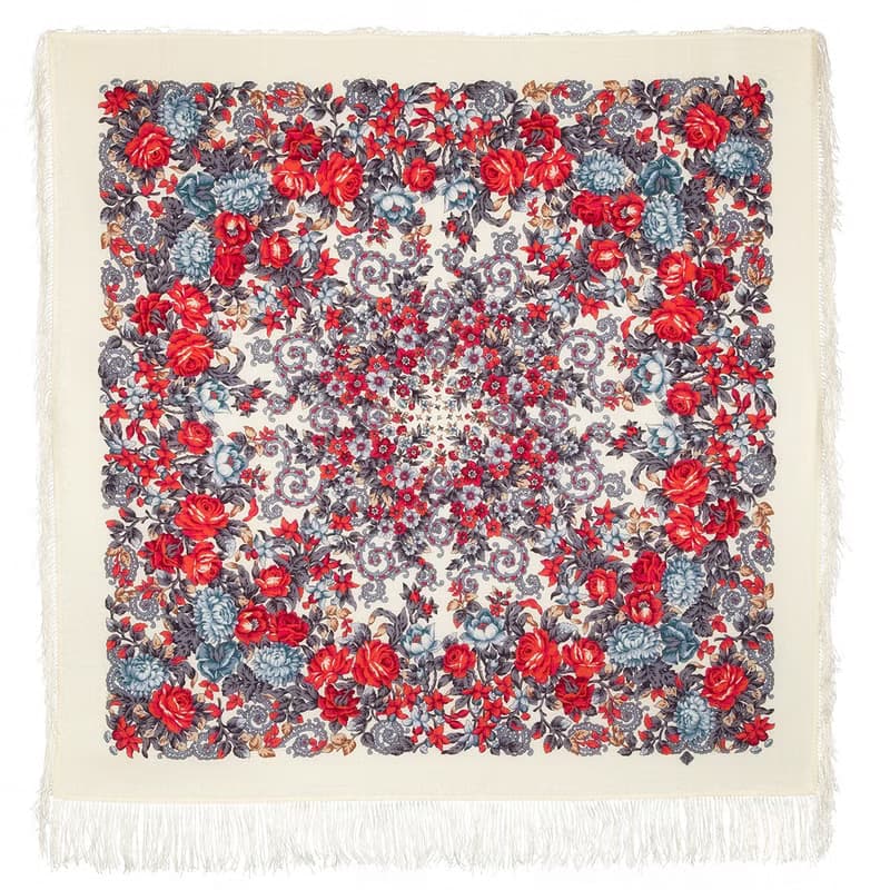 Pavlovo Posad Russian Shawl 100% Wool Scarf 125x125 cm Wrap Silk Fringe 511-0