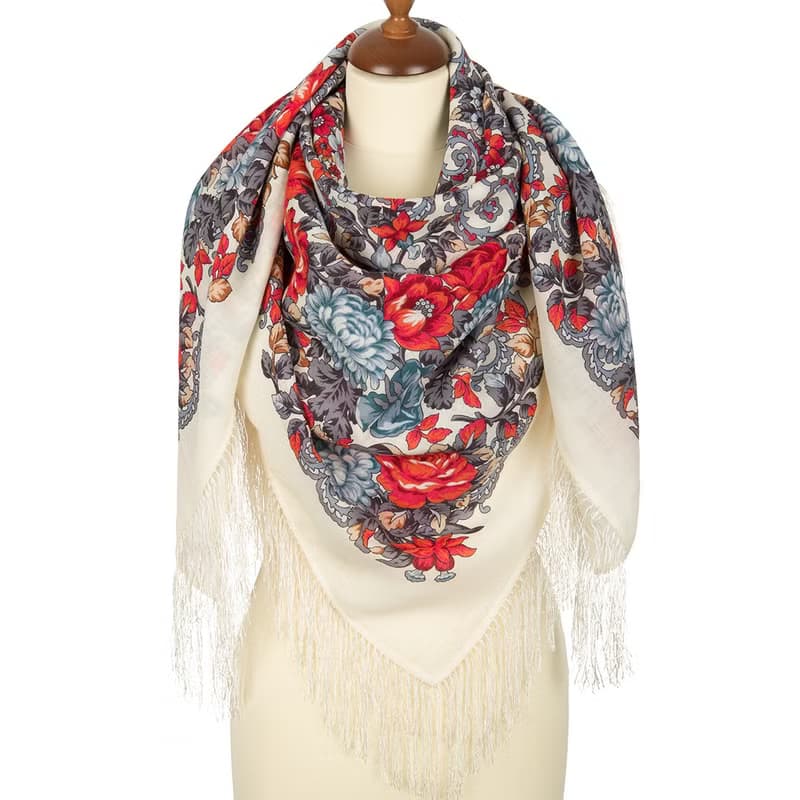 Pavlovo Posad Russian Shawl 100% Wool Scarf 125x125 cm Wrap Silk Fringe 511-0