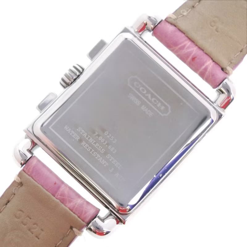【日本直送】コーチ COACH クロノグラフ 腕時計 0253 SS × レザー シルバー クオーツ クロノグラフ ピンク文字盤 レディース【中古】
