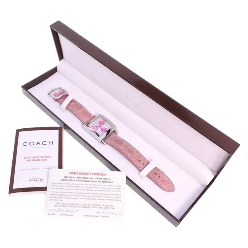 【日本直送】コーチ COACH クロノグラフ 腕時計 0253 SS × レザー シルバー クオーツ クロノグラフ ピンク文字盤 レディース【中古】