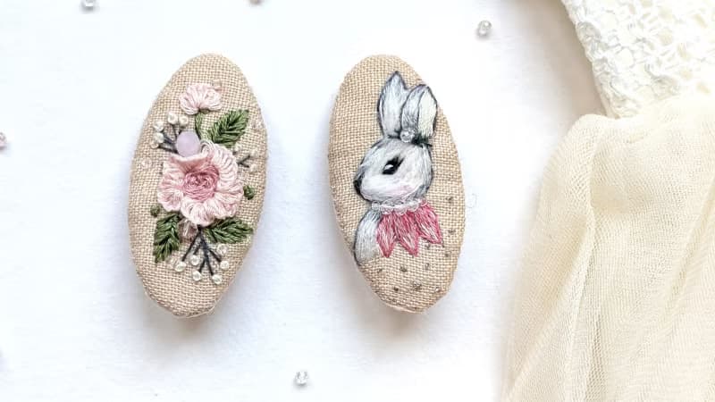 亞麻刺繡髮夾 兔子髮夾 兔子配件