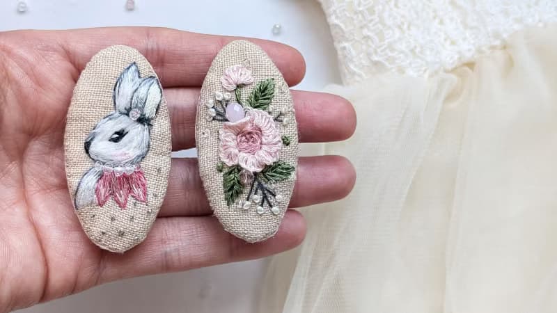 亞麻刺繡髮夾 兔子髮夾 兔子配件