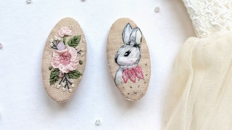 亞麻刺繡髮夾 兔子髮夾 兔子配件