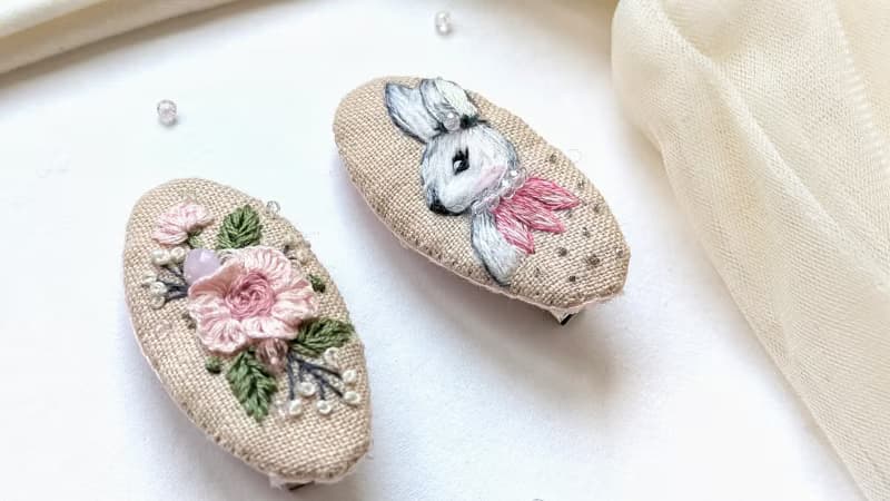 亞麻刺繡髮夾 兔子髮夾 兔子配件