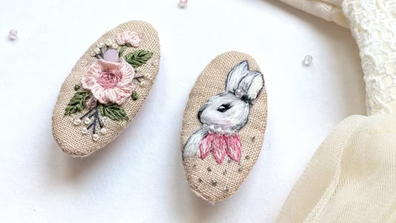 亞麻刺繡髮夾 兔子髮夾 兔子配件