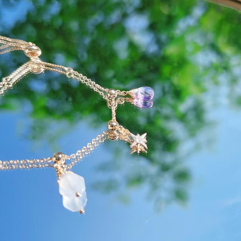 藍玉髓 月光石 紫水晶 14K包金天然水晶 伸縮鍊手鍊