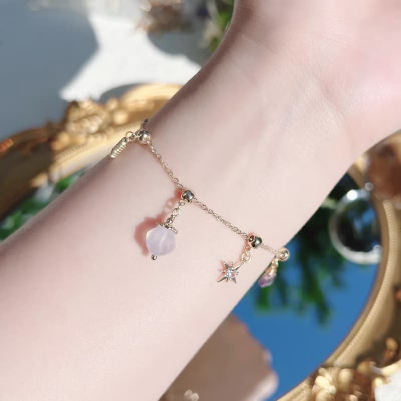 藍玉髓 月光石 紫水晶 14K包金天然水晶 伸縮鍊手鍊