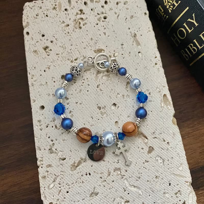 十字架手鍊 藍色Swarovski水晶珍珠 8250083