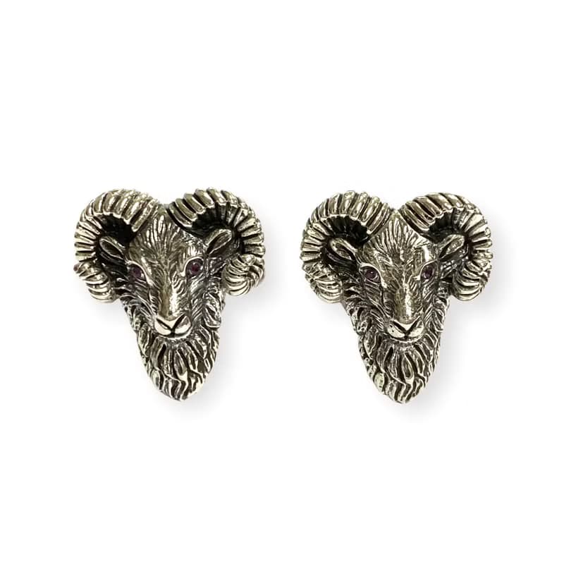 Vintage Style Lam Head with Ruby Eyes Cufflinks 925 Sterling Silver Mens Gift