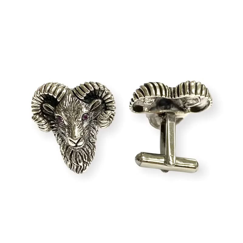Vintage Style Lam Head with Ruby Eyes Cufflinks 925 Sterling Silver Mens Gift