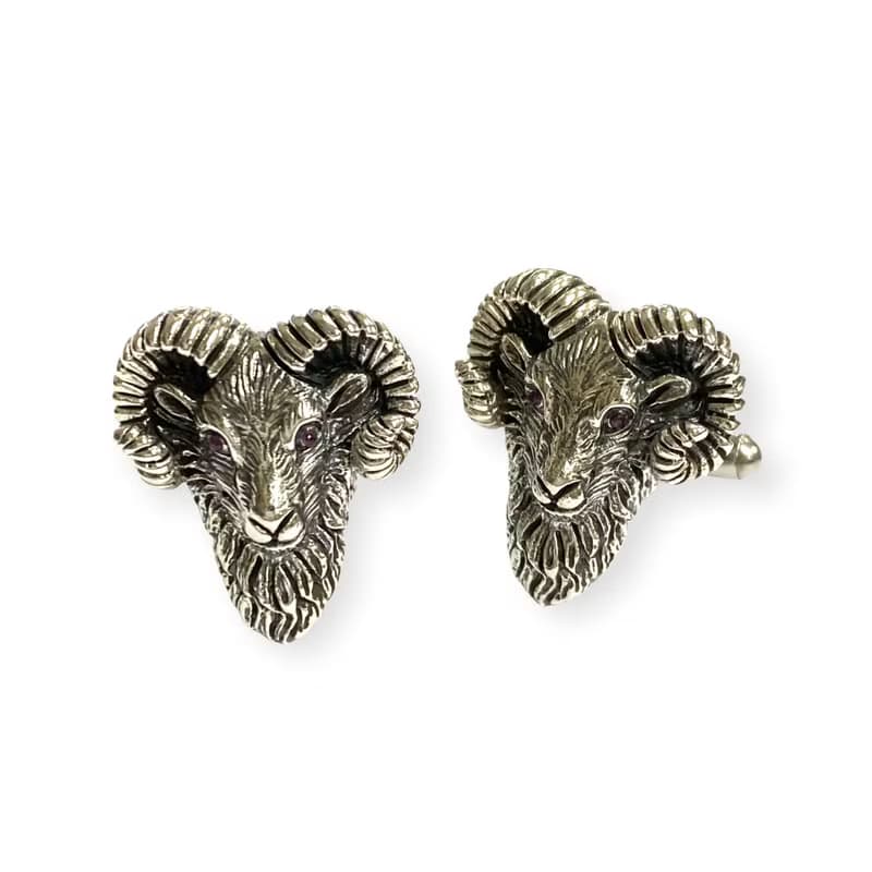 Vintage Style Lam Head with Ruby Eyes Cufflinks 925 Sterling Silver Mens Gift