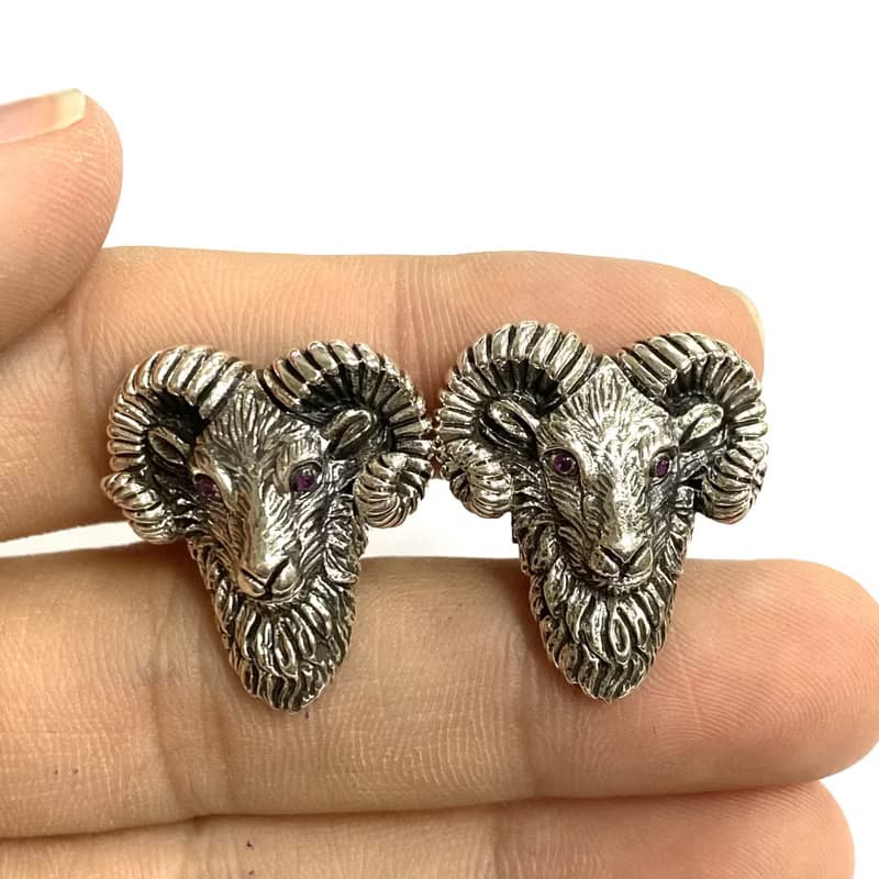 Vintage Style Lam Head with Ruby Eyes Cufflinks 925 Sterling Silver Mens Gift