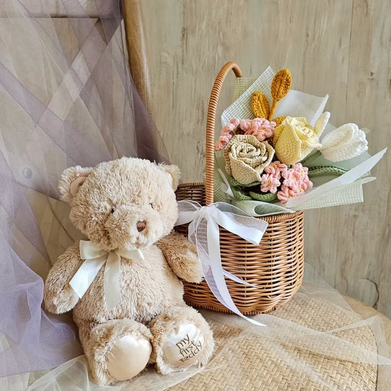 小熊針織花束小提籃/現貨/快速出貨