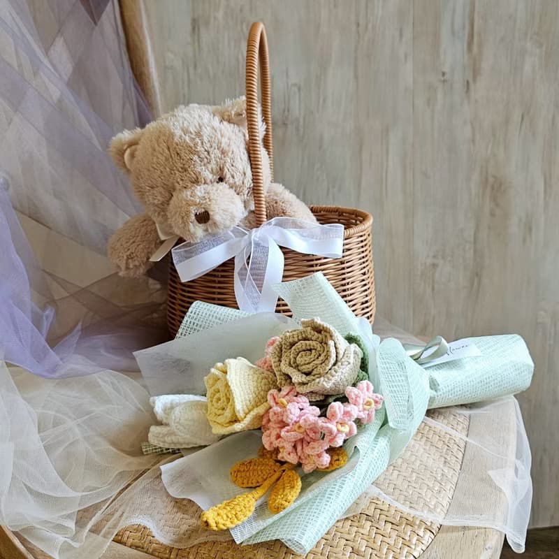 小熊針織花束小提籃/現貨/快速出貨