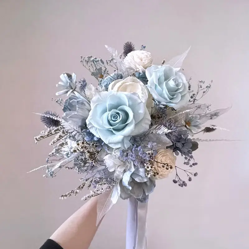 【不凋花乾燥花】夢幻藍不凋玫瑰繡球索拉牡丹自然半圓形捧花