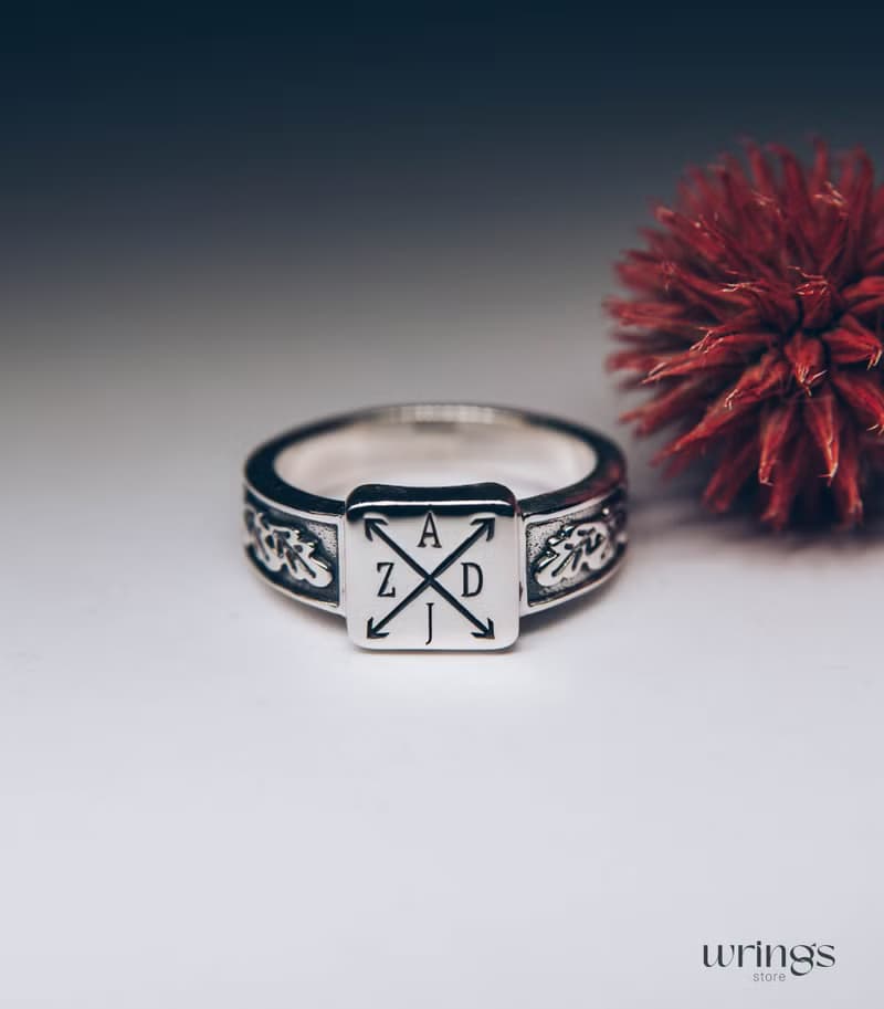 Monogram Silver Square Signet Ring Men with Initials and Side Oak Leaves