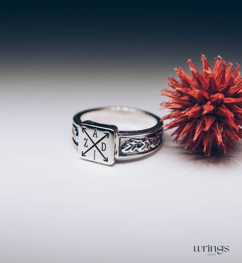 Monogram Silver Square Signet Ring Men with Initials and Side Oak Leaves