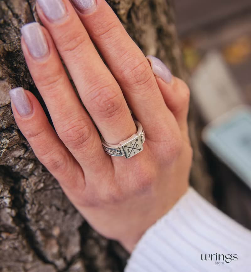 Monogram Silver Square Signet Ring Men with Initials and Side Oak Leaves