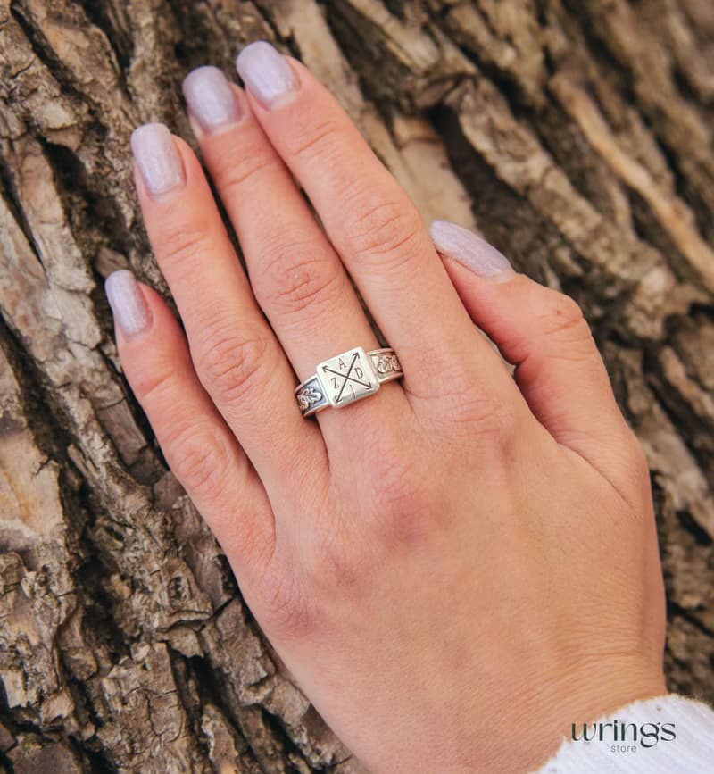 Monogram Silver Square Signet Ring Men with Initials and Side Oak Leaves
