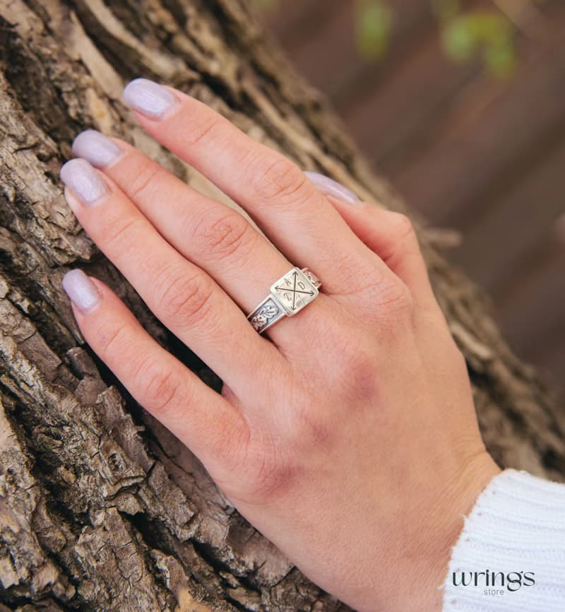 Monogram Silver Square Signet Ring Men with Initials and Side Oak Leaves