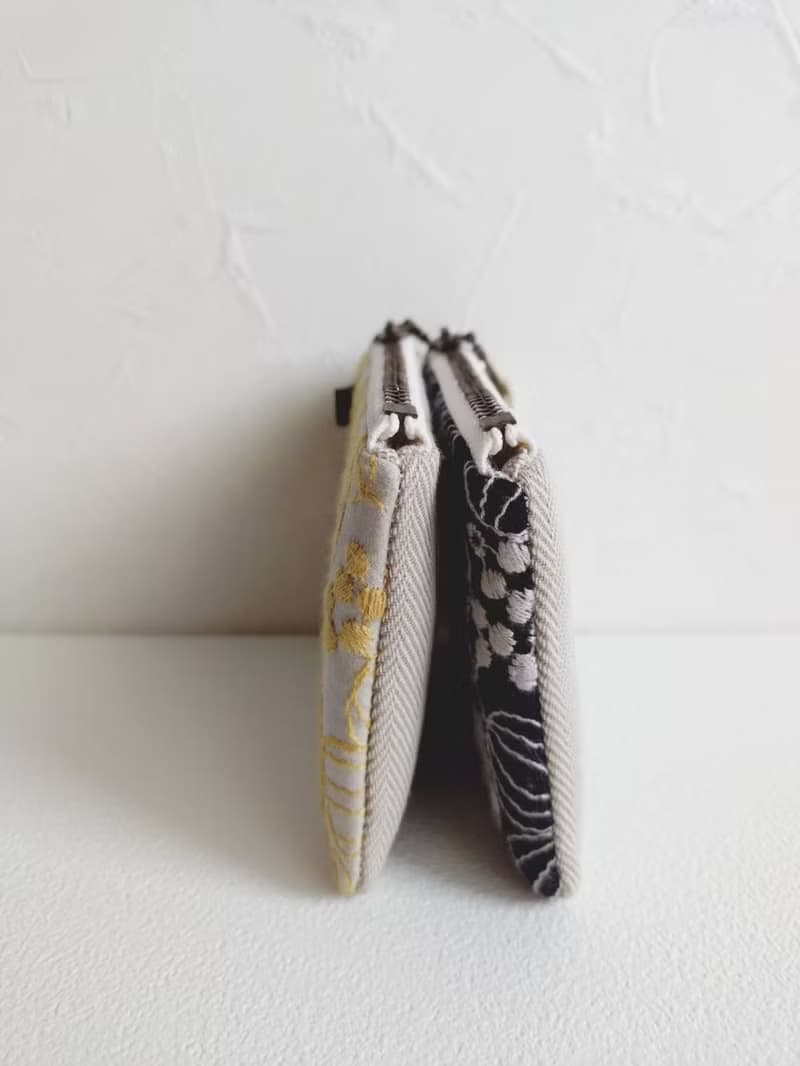 【FQ10/方塊小錢包】日本刺繡 五瓣扶桑 黃 黑 日本帆布 法國布